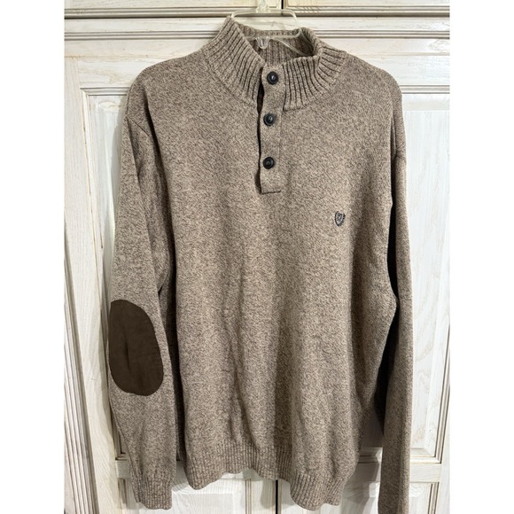 Chaps Tan Henley Sweater With Brown Suede Elbow Patches XL‎ 100% Cotton - Picture 1 of 8